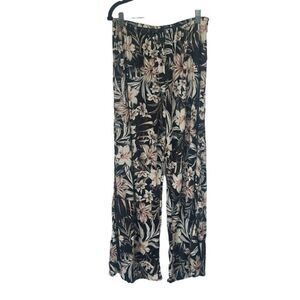 Hurley Black Tropical Flora Side Slit Drawstring Wide Leg Pants Black Size L NWT